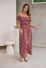 Load image into Gallery viewer, Gigi Off Shoulder Red Ditsy Print Shirred Maxi Dress