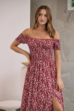 Load image into Gallery viewer, Gigi Off Shoulder Red Ditsy Print Shirred Maxi Dress