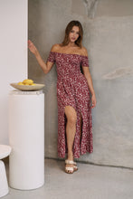 Load image into Gallery viewer, Gigi Off Shoulder Red Ditsy Print Shirred Maxi Dress