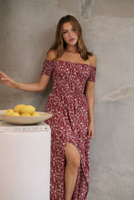 Load image into Gallery viewer, Gigi Off Shoulder Red Ditsy Print Shirred Maxi Dress