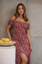 Load image into Gallery viewer, Gigi Off Shoulder Red Ditsy Print Shirred Maxi Dress