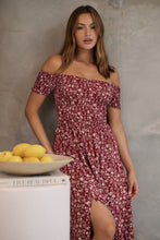 Load image into Gallery viewer, Gigi Off Shoulder Red Ditsy Print Shirred Maxi Dress