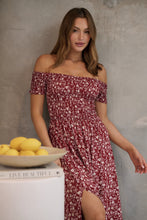 Load image into Gallery viewer, Gigi Off Shoulder Red Ditsy Print Shirred Maxi Dress