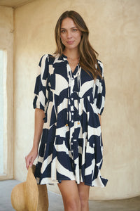 Tahli Navy White Print Smock Dress