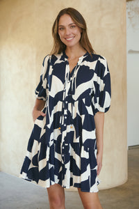 Tahli Navy White Print Smock Dress