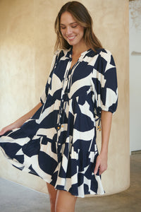 Tahli Navy White Print Smock Dress