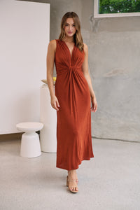 Samara Rust Shimmer Crossover Tie Evening Dress