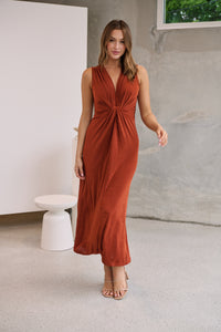 Samara Rust Shimmer Crossover Tie Evening Dress