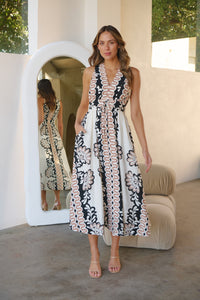 Tracey White/Black/Brown Print Sleevless Faux Linen Dress