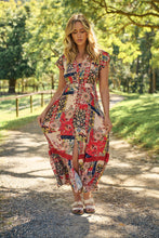 Load image into Gallery viewer, Augustina Beige/Red/Navy Patchwork Button Front Maxi Dress