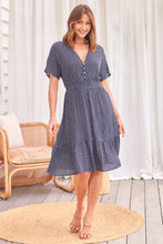 Load image into Gallery viewer, Dohar Cap Sleeve Navy Print Button Front Dress