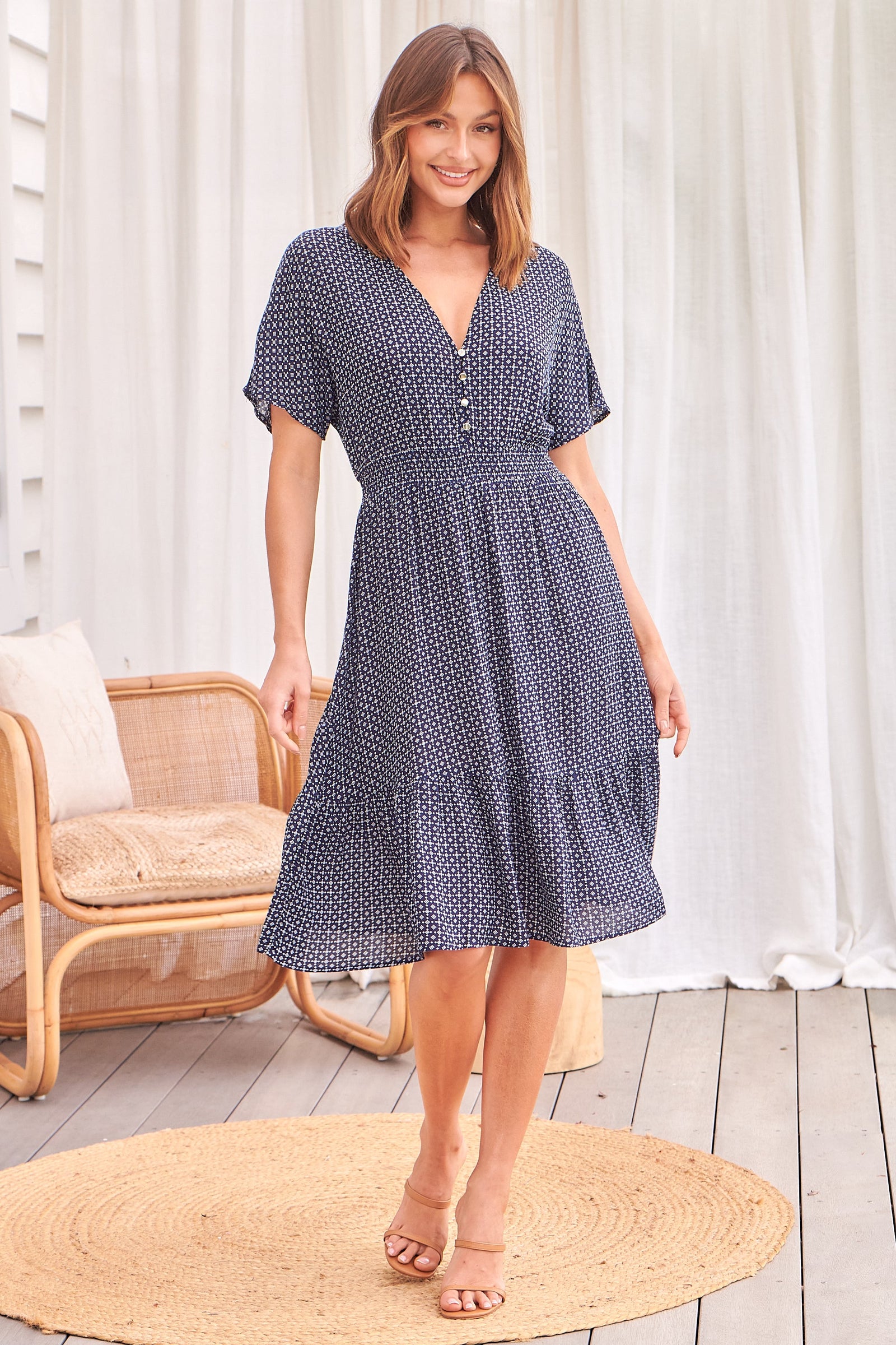 Dohar Cap Sleeve Navy Print Button Front Dress