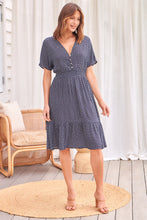 Load image into Gallery viewer, Dohar Cap Sleeve Navy Print Button Front Dress