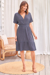 Dohar Cap Sleeve Navy Print Button Front Dress