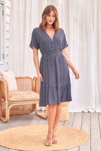 Load image into Gallery viewer, Dohar Cap Sleeve Navy Print Button Front Dress