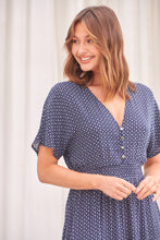 Load image into Gallery viewer, Dohar Cap Sleeve Navy Print Button Front Dress