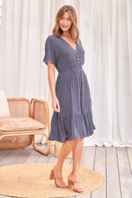 Load image into Gallery viewer, Dohar Cap Sleeve Navy Print Button Front Dress