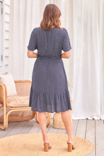 Load image into Gallery viewer, Dohar Cap Sleeve Navy Print Button Front Dress