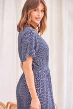 Load image into Gallery viewer, Dohar Cap Sleeve Navy Print Button Front Dress