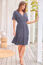 Load image into Gallery viewer, Dohar Cap Sleeve Navy Print Button Front Dress