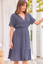 Load image into Gallery viewer, Dohar Cap Sleeve Navy Print Button Front Dress