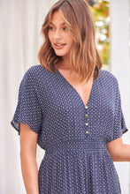 Load image into Gallery viewer, Dohar Cap Sleeve Navy Print Button Front Dress