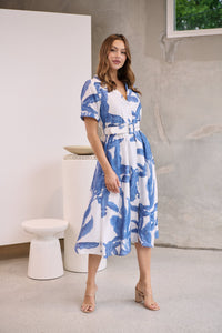 Gianna Leaf Blue/White Palm Print Button Front Belted Midi Dress