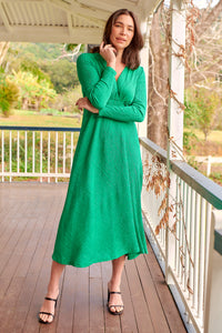 Azalia Green V Neck Long Sleeve Evening Dress
