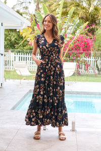 Augustina Button Front Navy/Red Paisley Print Maxi Dress