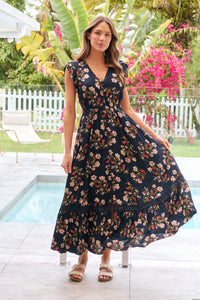 Augustina Button Front Navy/Red Paisley Print Maxi Dress