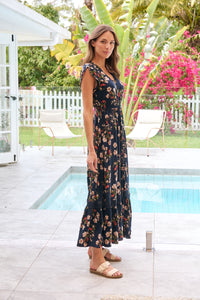 Augustina Button Front Navy/Red Paisley Print Maxi Dress