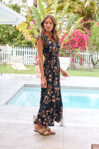 Augustina Button Front Navy/Red Paisley Print Maxi Dress