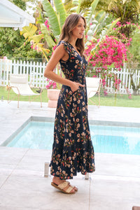 Augustina Button Front Navy/Red Paisley Print Maxi Dress
