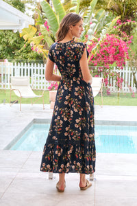 Augustina Button Front Navy/Red Paisley Print Maxi Dress
