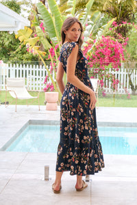 Augustina Button Front Navy/Red Paisley Print Maxi Dress