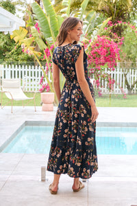 Augustina Button Front Navy/Red Paisley Print Maxi Dress