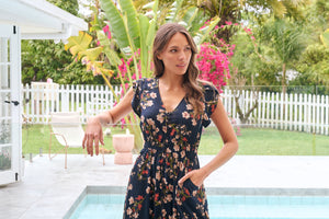 Augustina Button Front Navy/Red Paisley Print Maxi Dress