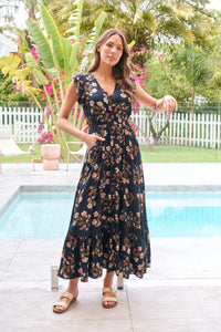 Augustina Button Front Navy/Red Paisley Print Maxi Dress
