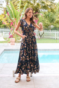 Augustina Button Front Navy/Red Paisley Print Maxi Dress