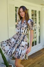 Load image into Gallery viewer, Sonya Black/Beige Leaf Print Frill Smock Dress