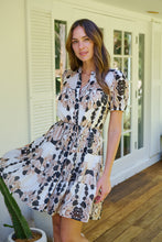 Load image into Gallery viewer, Sonya Black/Beige Leaf Print Frill Smock Dress