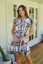 Load image into Gallery viewer, Sonya Black/Beige Leaf Print Frill Smock Dress