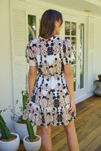 Load image into Gallery viewer, Sonya Black/Beige Leaf Print Frill Smock Dress