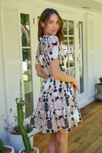 Load image into Gallery viewer, Sonya Black/Beige Leaf Print Frill Smock Dress