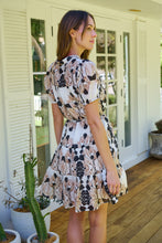 Load image into Gallery viewer, Sonya Black/Beige Leaf Print Frill Smock Dress