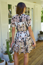 Load image into Gallery viewer, Sonya Black/Beige Leaf Print Frill Smock Dress