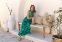 Load image into Gallery viewer, Candice Emerald/Blue Print Sleeveless High neck Evening Dress