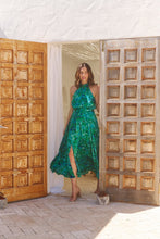 Load image into Gallery viewer, Candice Emerald/Blue Print Sleeveless High neck Evening Dress