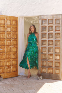 Candice Emerald/Blue Print Sleeveless High neck Evening Dress