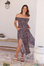 Load image into Gallery viewer, Gigi Shirred off Shoulder Navy Floral Dress